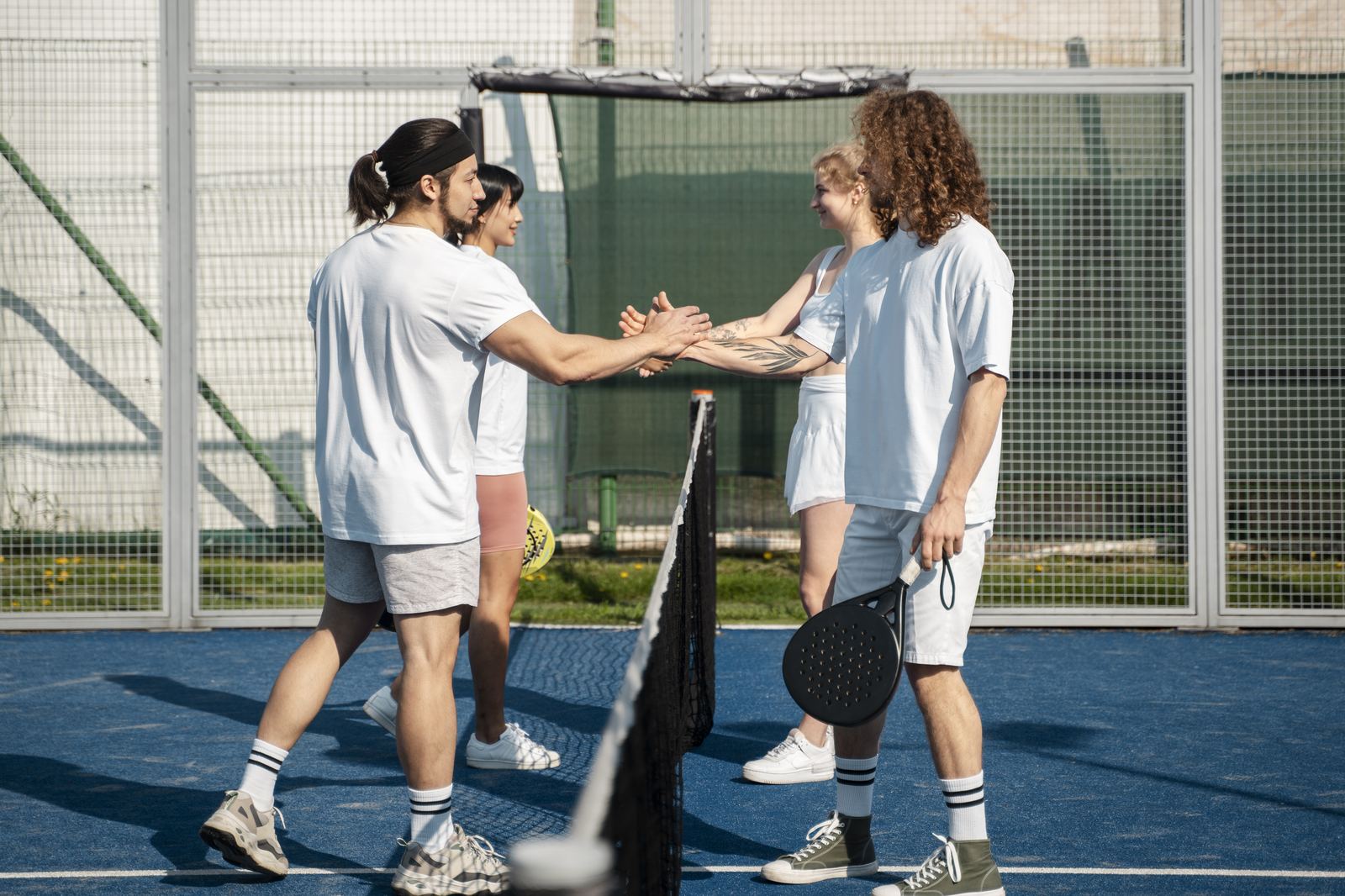 Four players during a padel doubles match